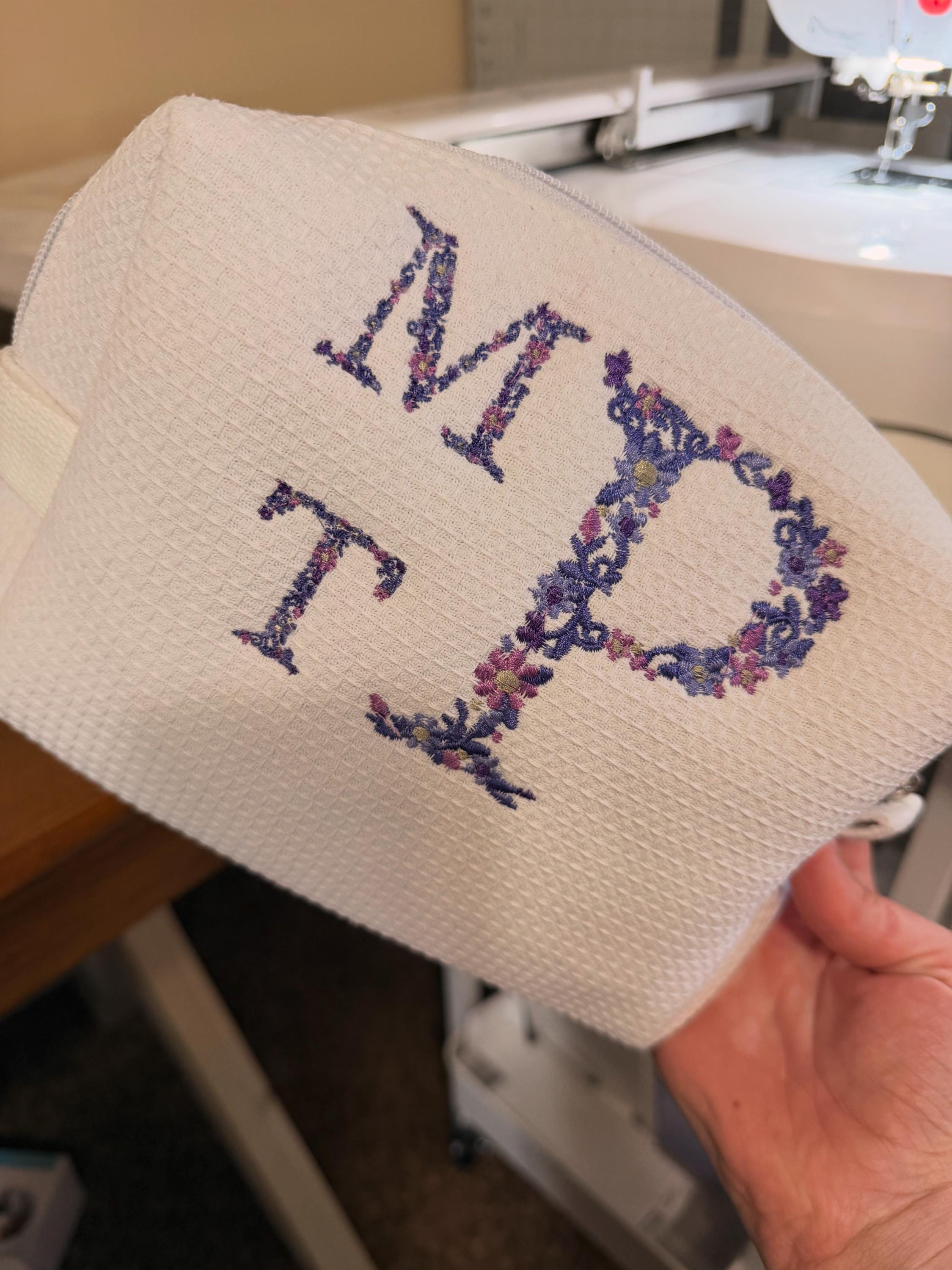 Personalized Floral Embroidered Waffle Knit Bag | Custom Monogram Pouch