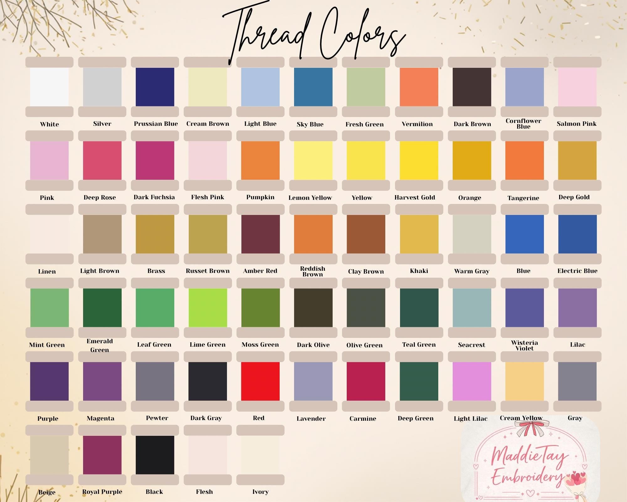 Color chart for thread colors with a brand logo in the corner.