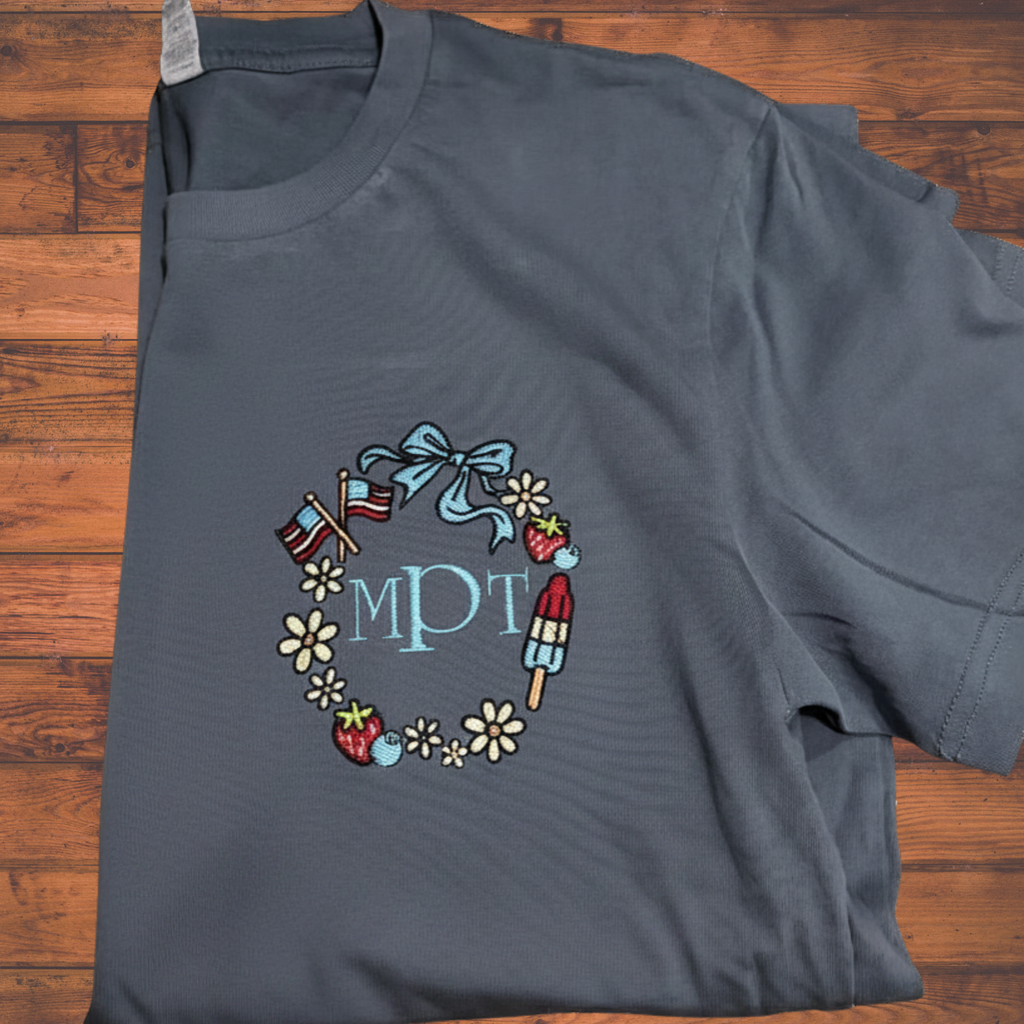 Patriotic Embroidered Monogram Frame Tee