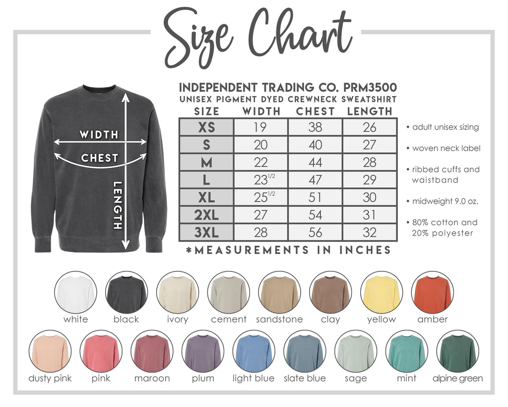 Size chart and color swatches for Independent Trading Co. sweatshirt with measurements and color options.