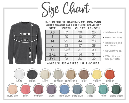 Size chart and color swatches for Independent Trading Co. sweatshirt with measurements and color options.
