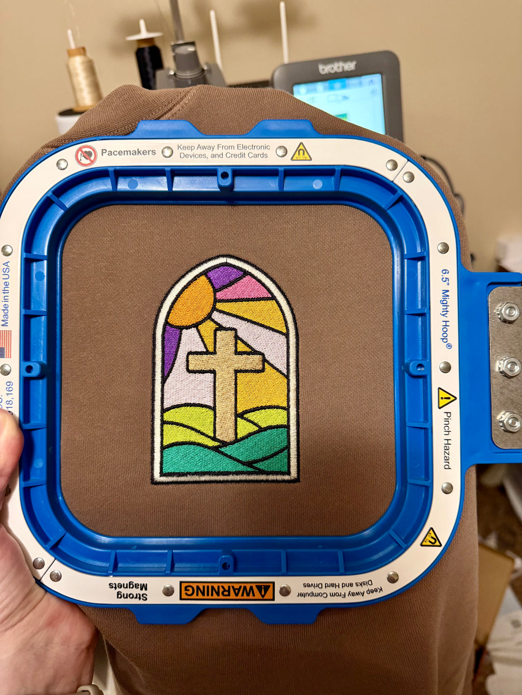 Stained Glass Cross Embroidered Sweatshirt | Christian Crewneck | Faith-Based Apparel | Minimalist Religious Gift | Colorful Church Window Design