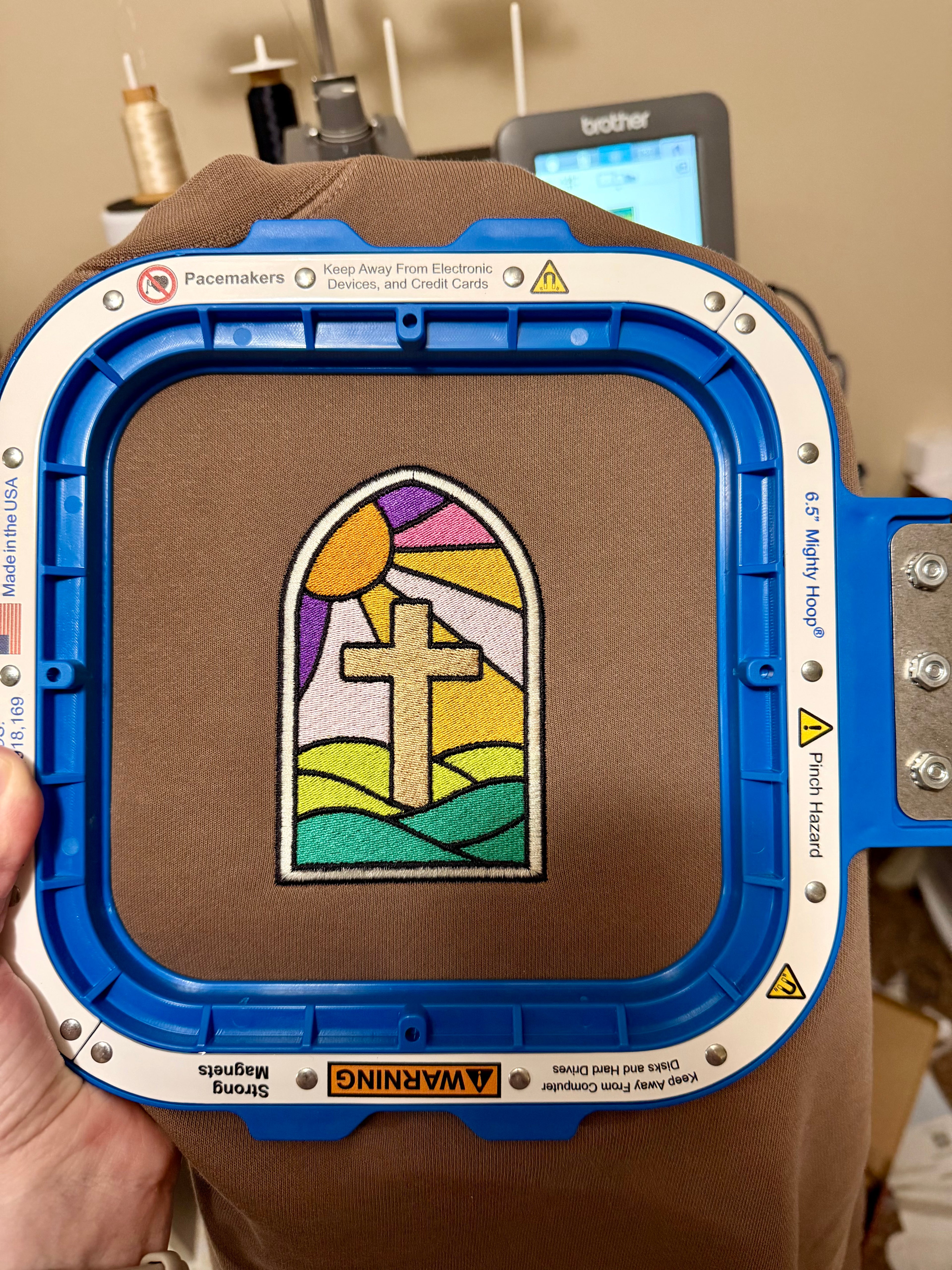 Stained Glass Cross Embroidered Sweatshirt | Christian Crewneck | Faith-Based Apparel | Minimalist Religious Gift | Colorful Church Window Design