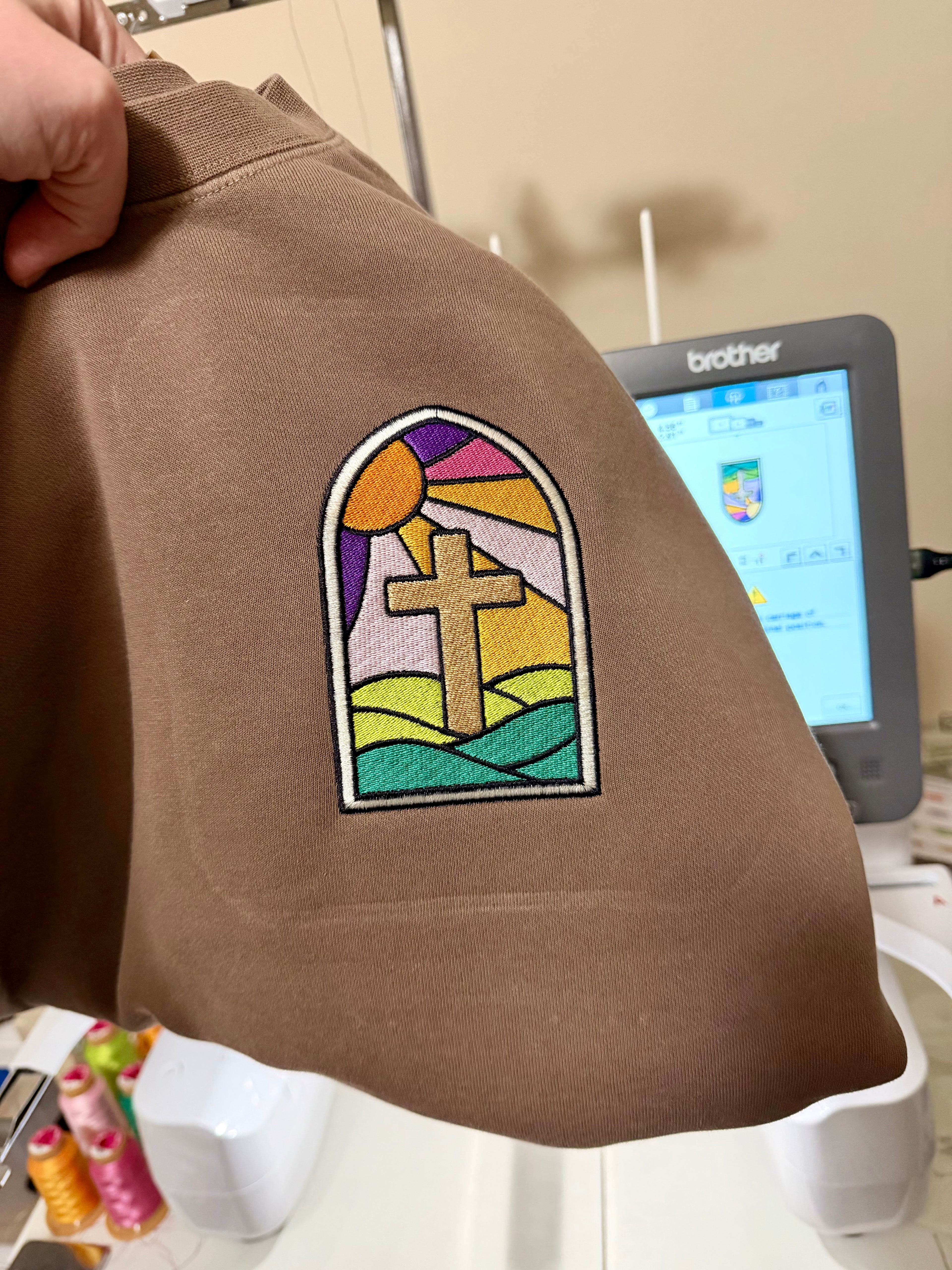 Stained Glass Cross Embroidered Sweatshirt | Christian Crewneck | Faith-Based Apparel | Minimalist Religious Gift | Colorful Church Window Design