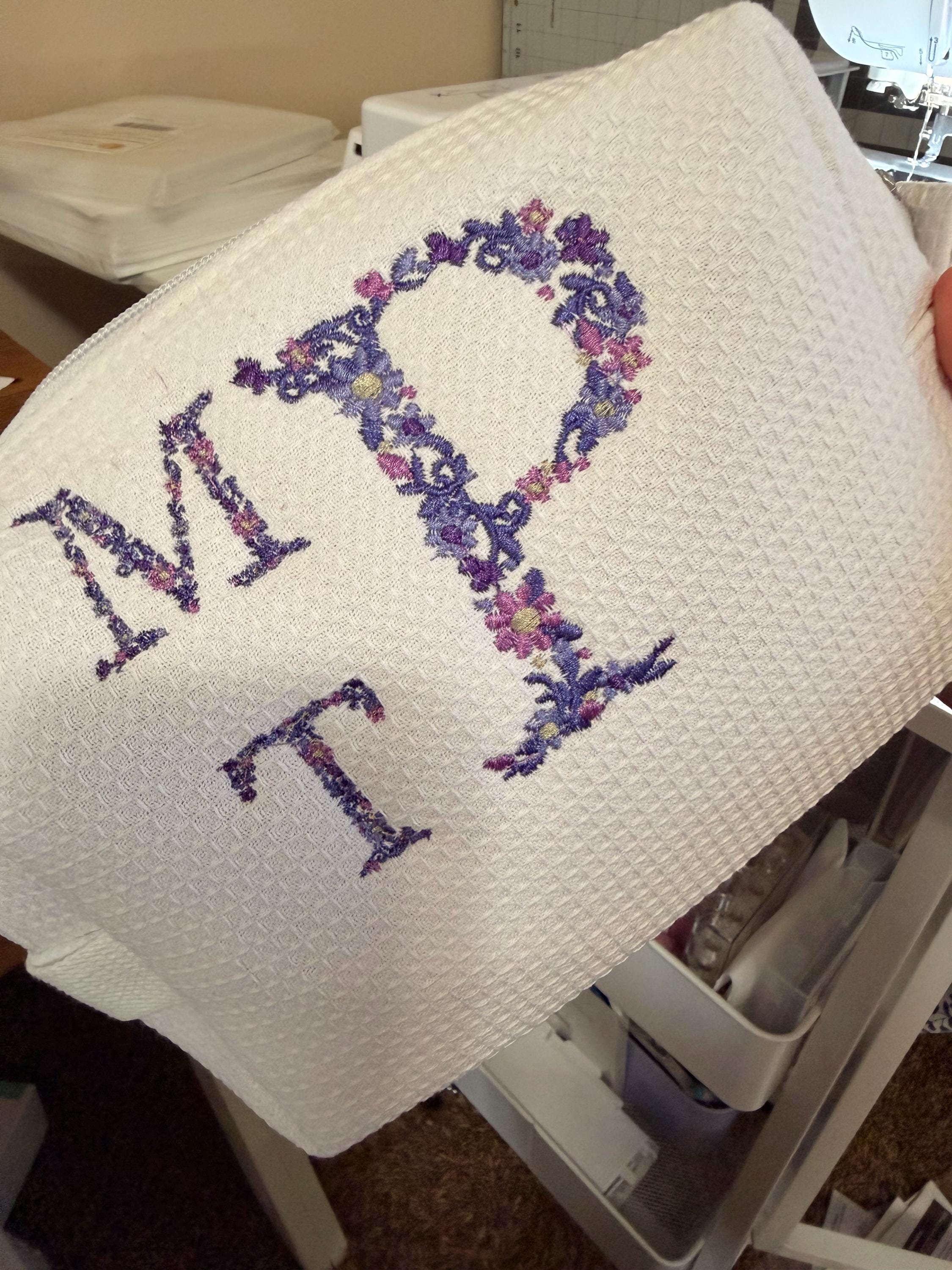 Personalized Floral Embroidered Waffle Knit Bag | Custom Monogram Pouch