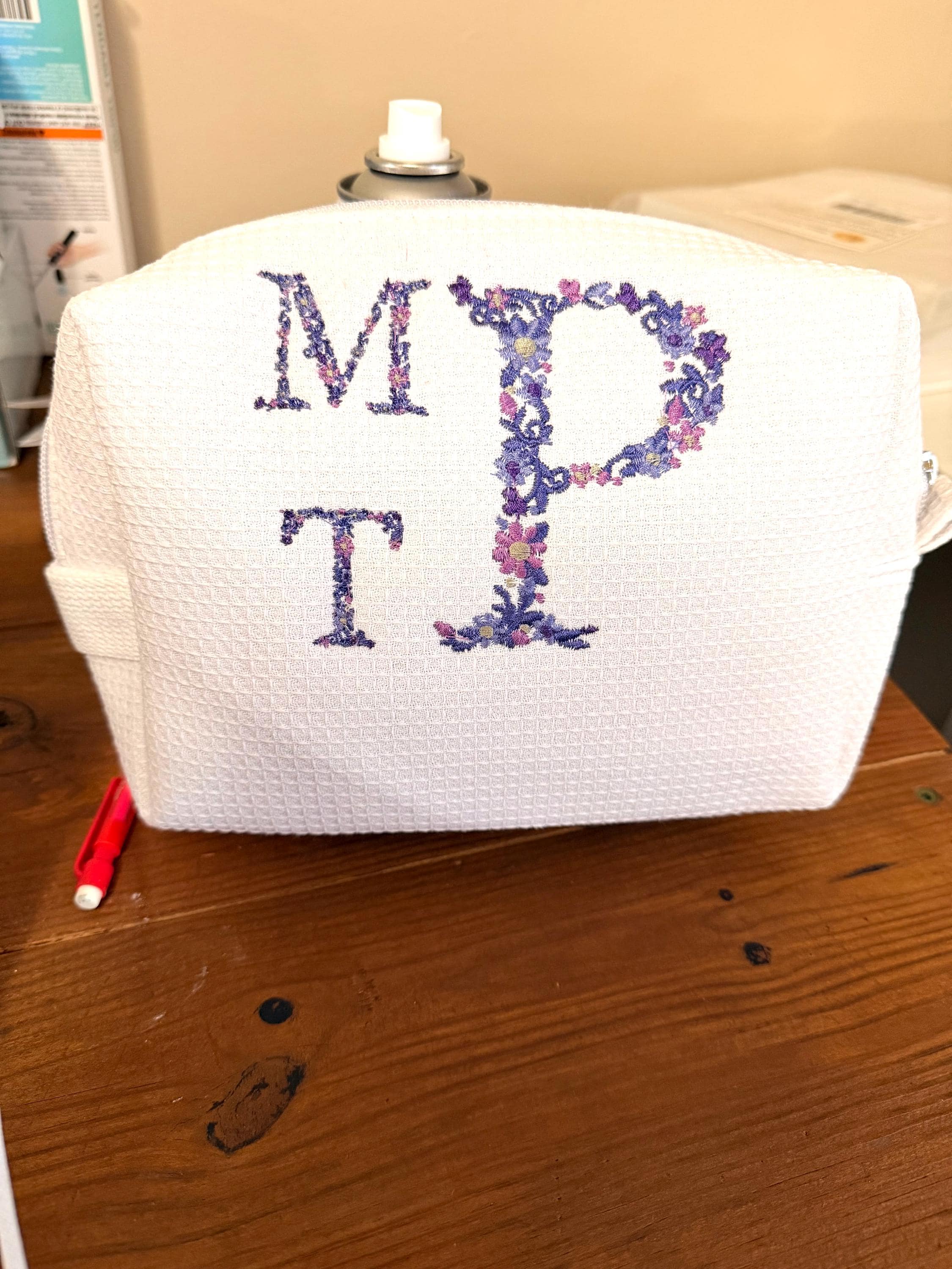 Personalized Floral Embroidered Waffle Knit Bag | Custom Monogram Pouch