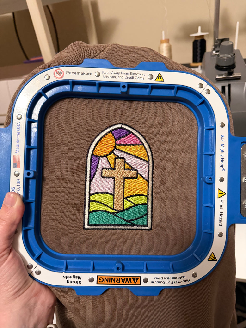 Stained Glass Cross Embroidered Sweatshirt | Christian Crewneck | Faith-Based Apparel | Minimalist Religious Gift | Colorful Church Window Design