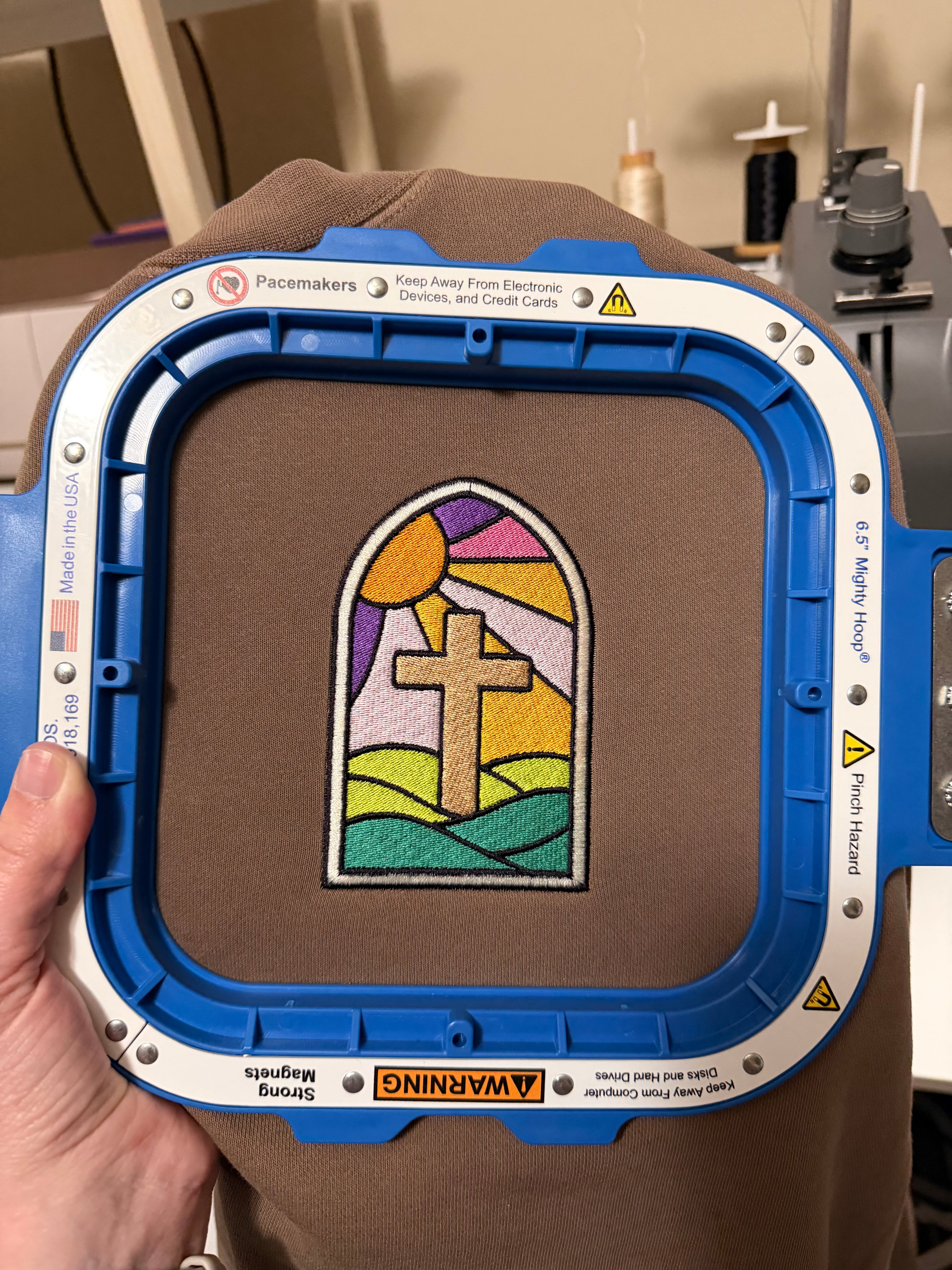 Stained Glass Cross Embroidered Sweatshirt | Christian Crewneck | Faith-Based Apparel | Minimalist Religious Gift | Colorful Church Window Design