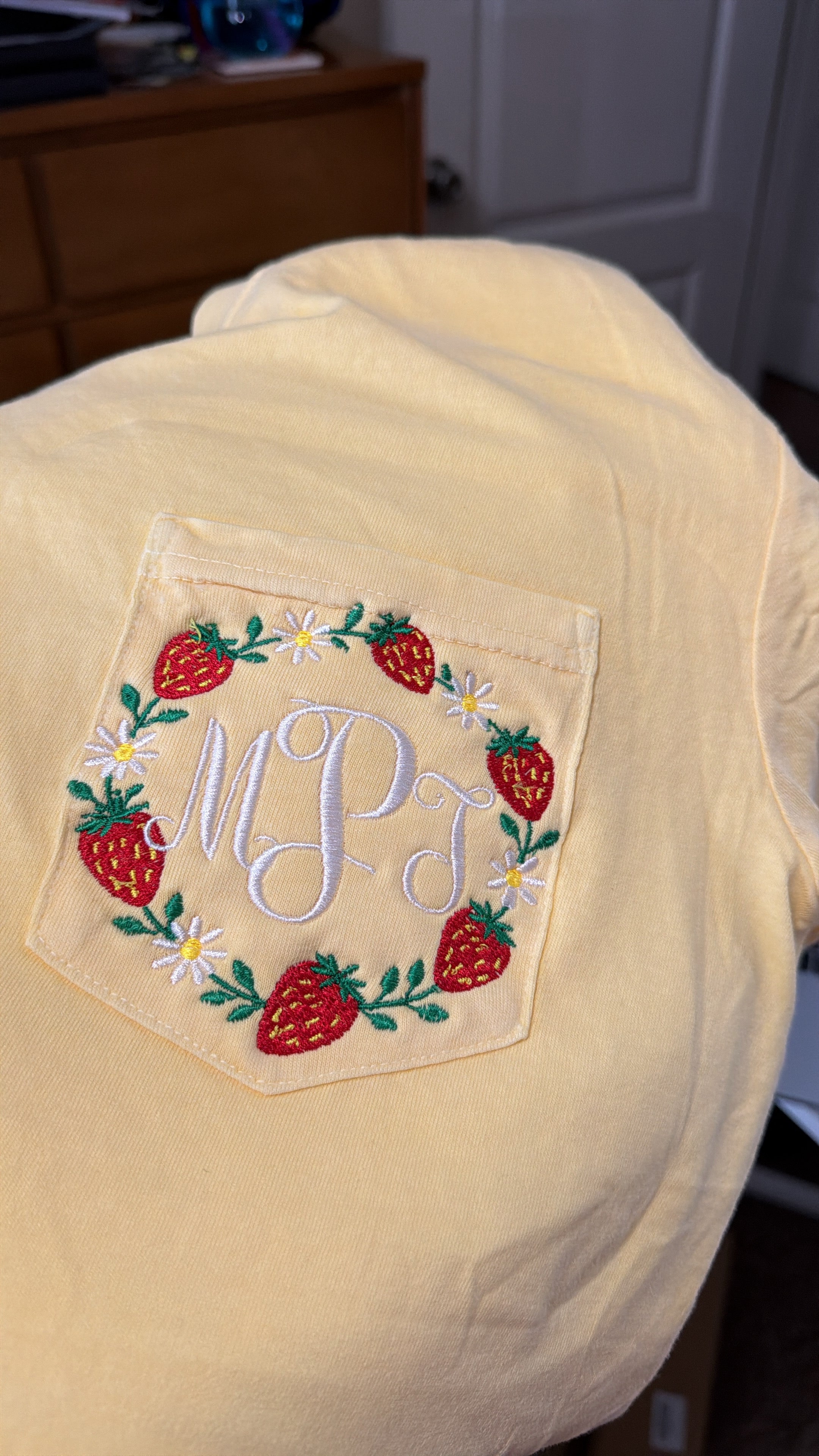 Custom Embroidered Comfort Colors Pocket Tee | Lemon or Strawberry Frame