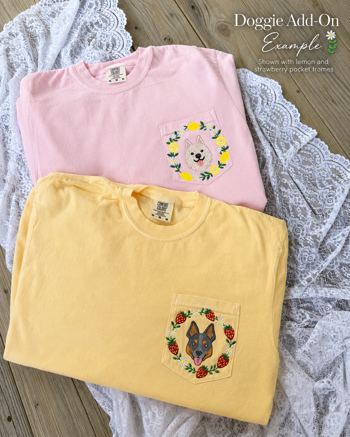 Custom Embroidered Comfort Colors Pocket Tee | Lemon or Strawberry Frame