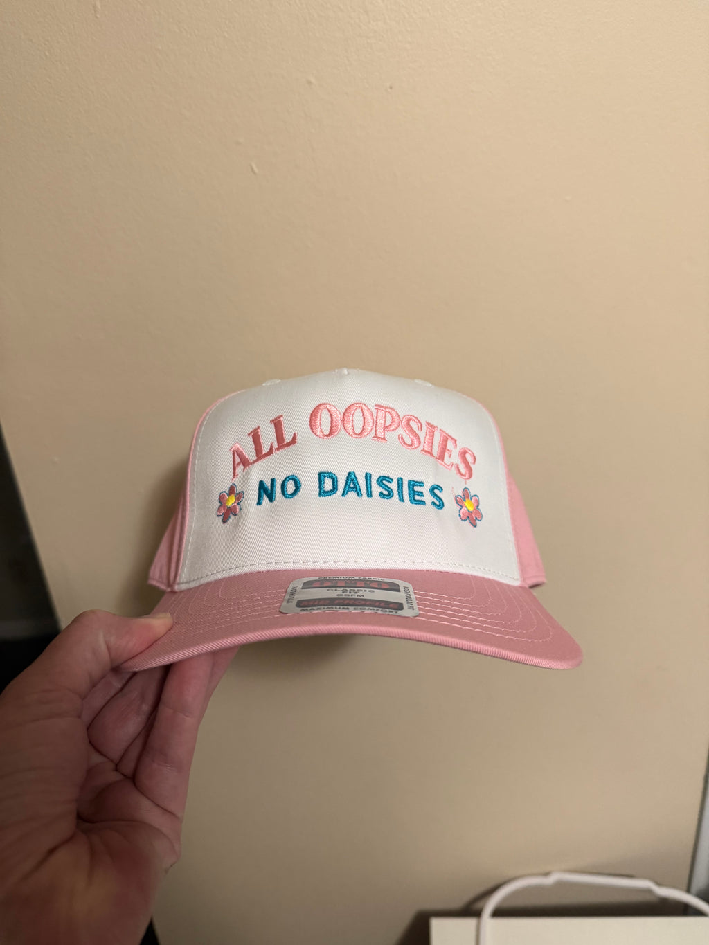 Embroidered Trucker Hat: "All Oopsies No Daisies" Pink Snapback