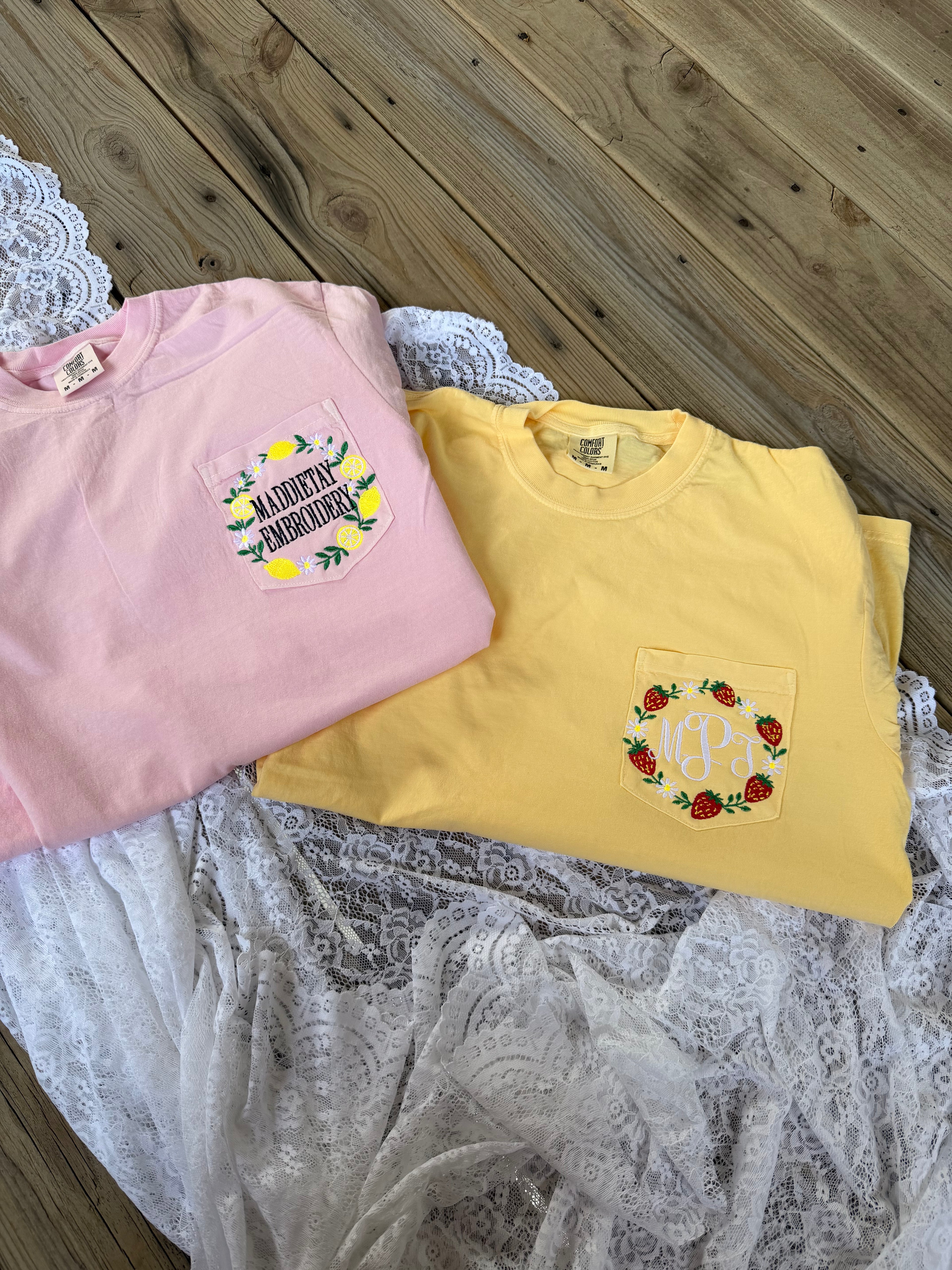 Custom Embroidered Comfort Colors Pocket Tee | Lemon or Strawberry Frame
