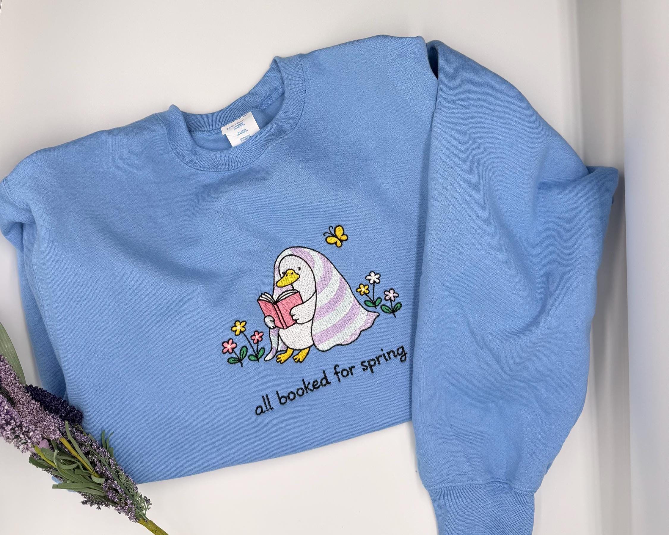 Embroidered Duck Spring Sweatshirt | Book Lover Floral Crewneck