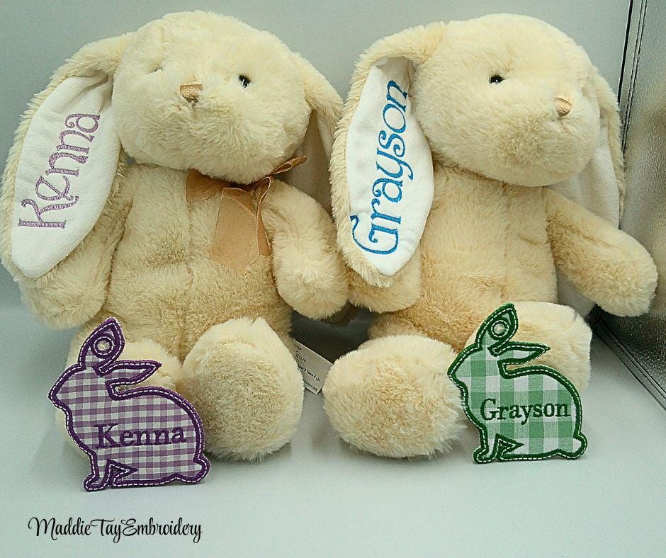 Personalized Embroidered Easter Bunny Basket Tag | Gingham Name Tag for Kids