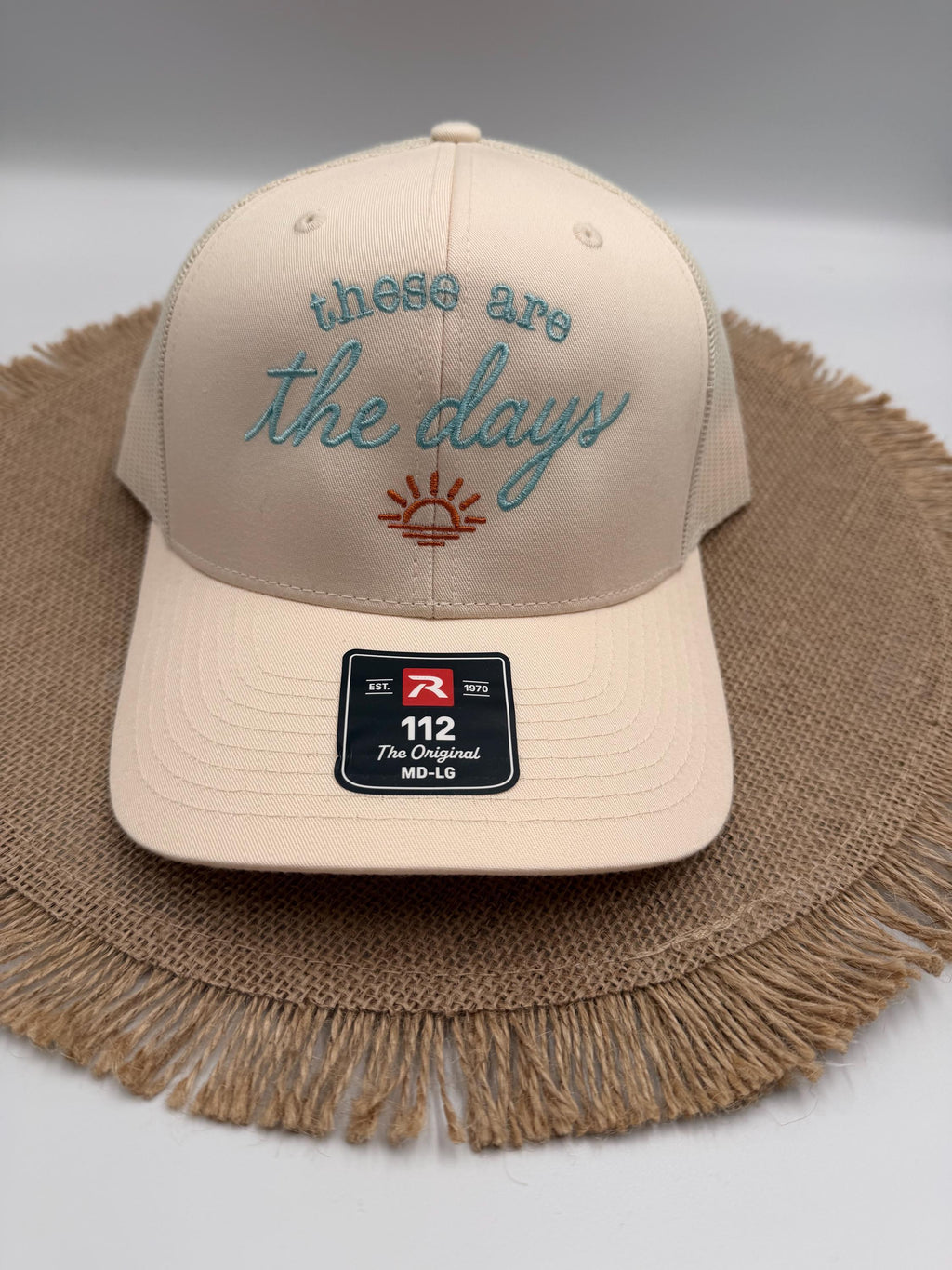 Embroidered These Are The Days Trucker Hat, Sunset Cap, Cream Tan Richardson 112