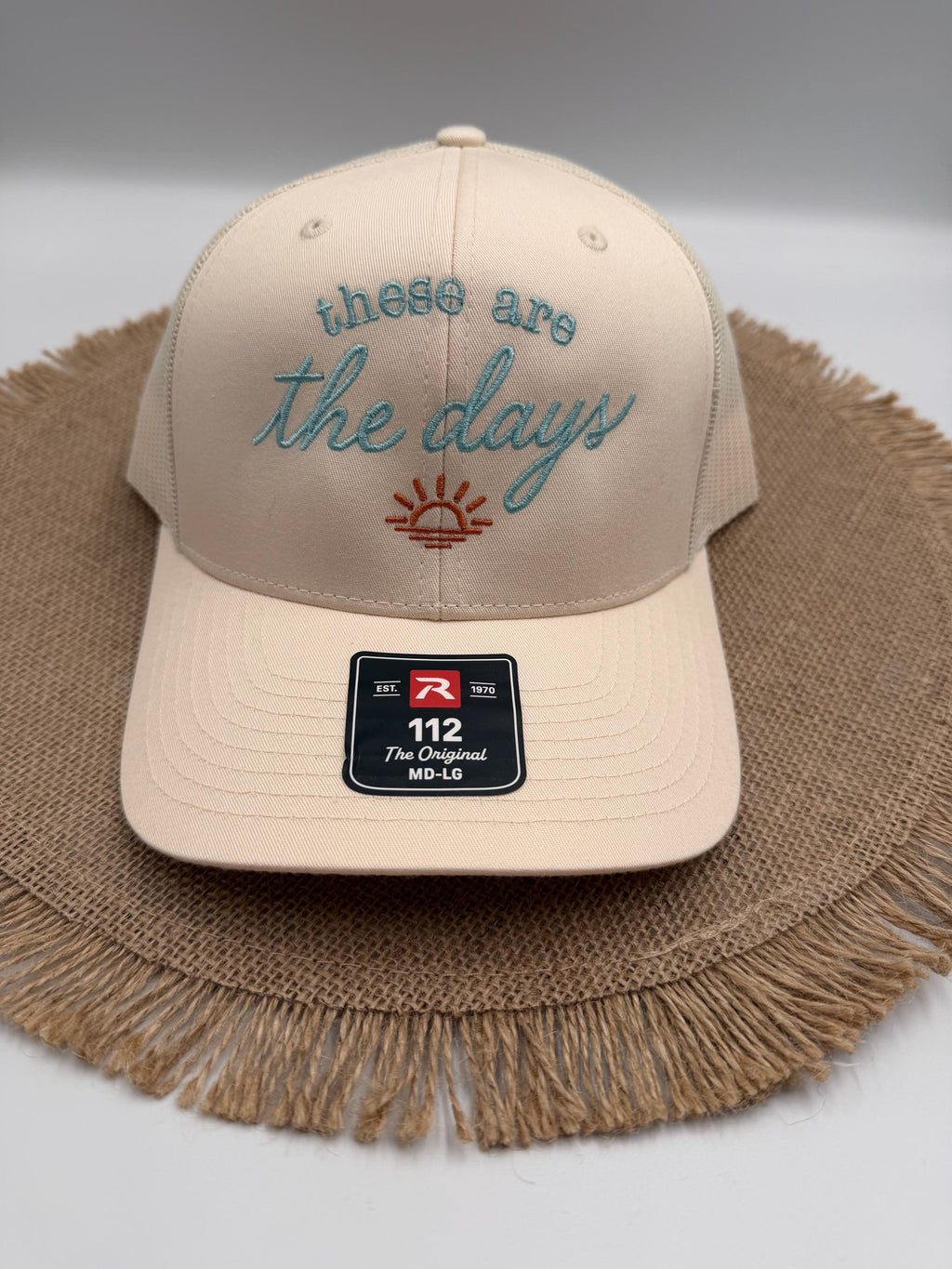 Embroidered These Are The Days Trucker Hat, Sunset Cap, Cream Tan Richardson 112