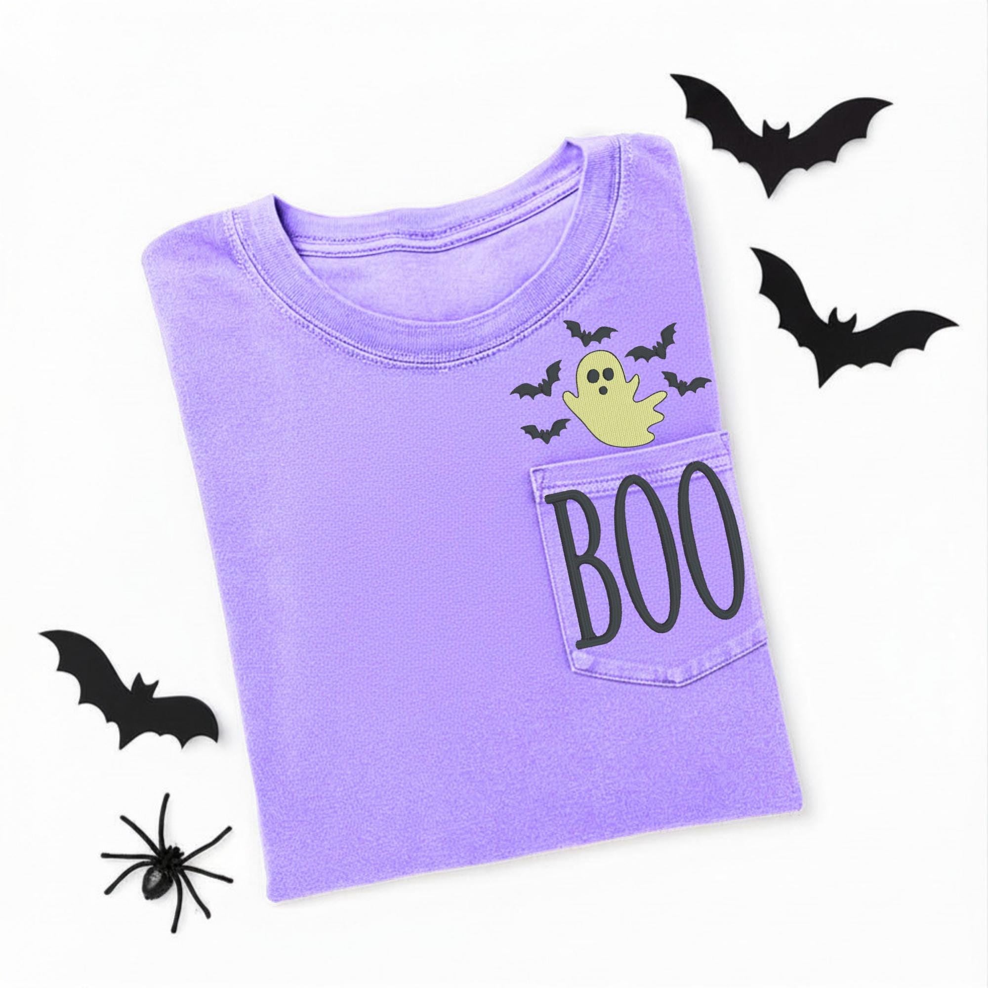 Embroidered BOO Ghost Pocket Tee | Spooky Halloween Comfort Colors Shirt