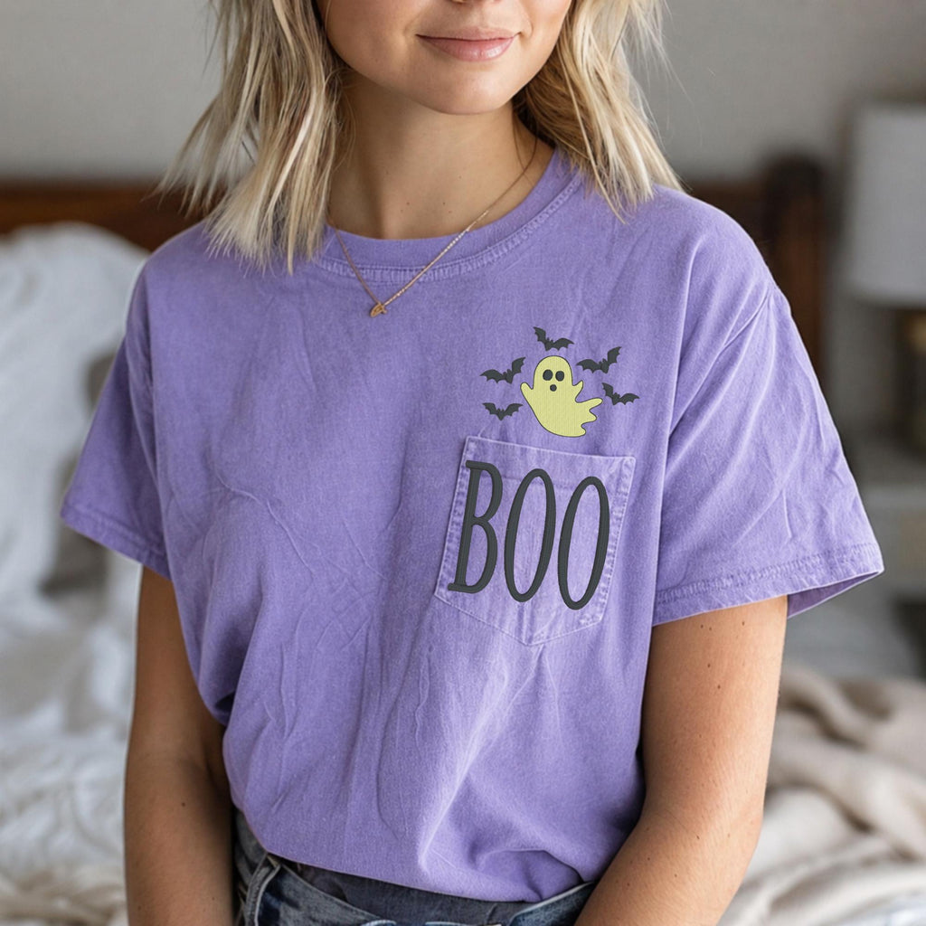 Embroidered BOO Ghost Pocket Tee | Spooky Halloween Comfort Colors Shirt