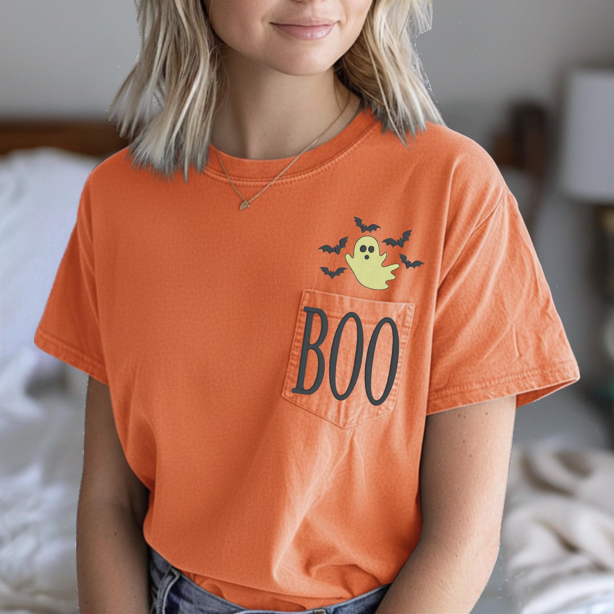 Embroidered BOO Ghost Pocket Tee | Spooky Halloween Comfort Colors Shirt
