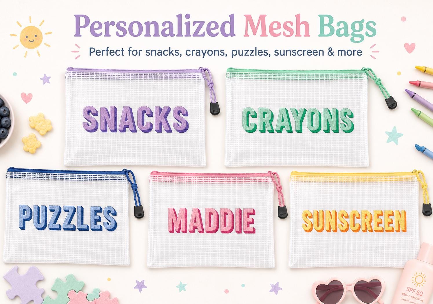 Custom Embroidered Mesh Zipper Pouch, Personalized Kids Snack Bag, Clear School Supply Bag, Beach Pool Bag, Crayon Pouch, Toy Organizer