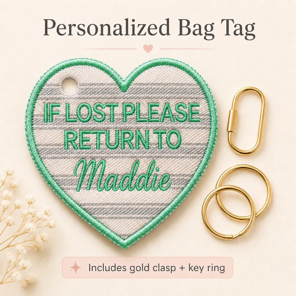 Custom Embroidered Bag Tag, Personalized Kids Backpack Tag, If Lost Please Return To Name Tag, Heart Bag Tag, School Bag Accessory