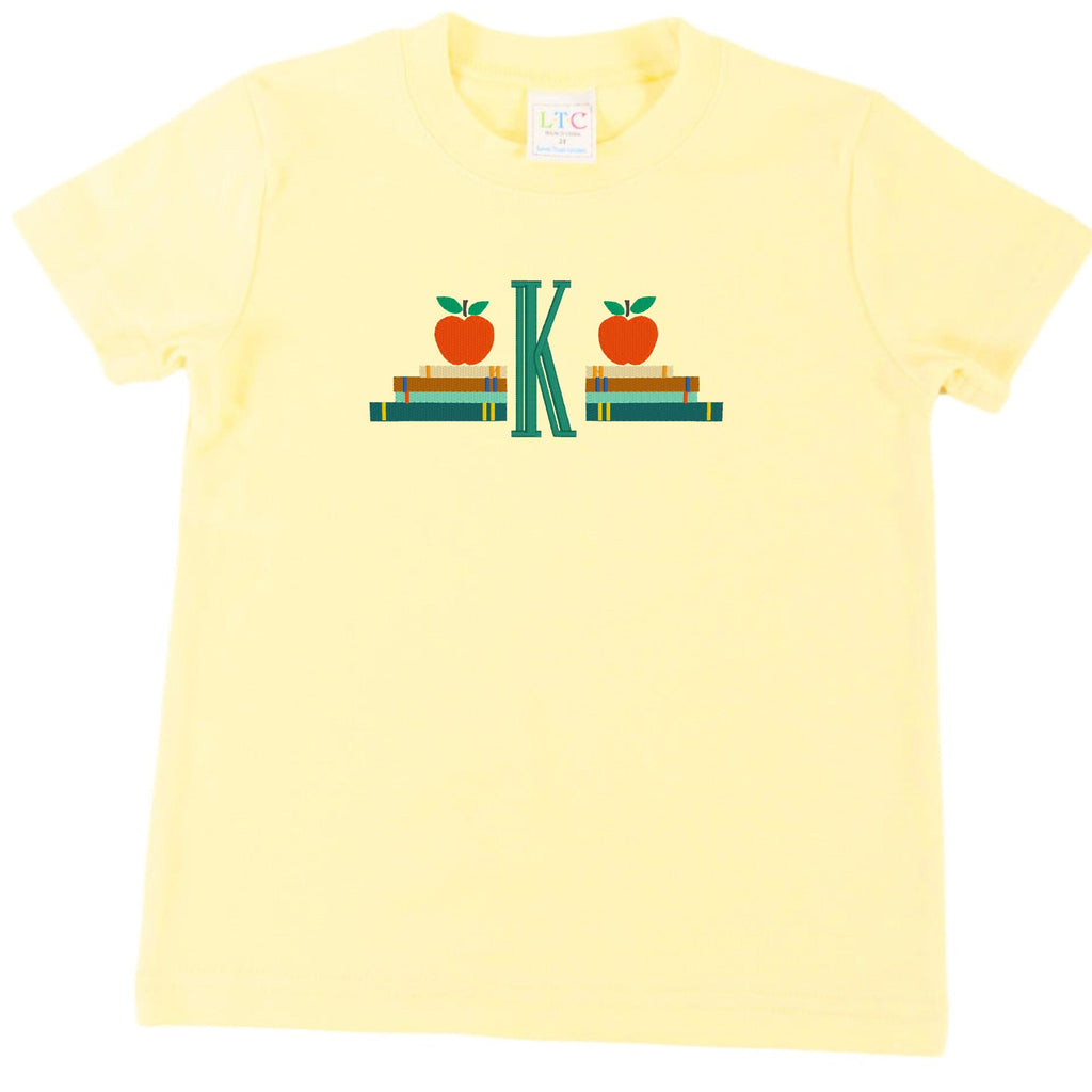 Boys Embroidered Book Stack Shirt, Personalized Initial Apple Tee, Cotton Back to School