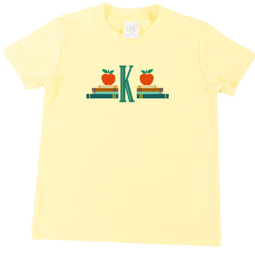 Boys Embroidered Book Stack Shirt, Personalized Initial Apple Tee, Cotton Back to School