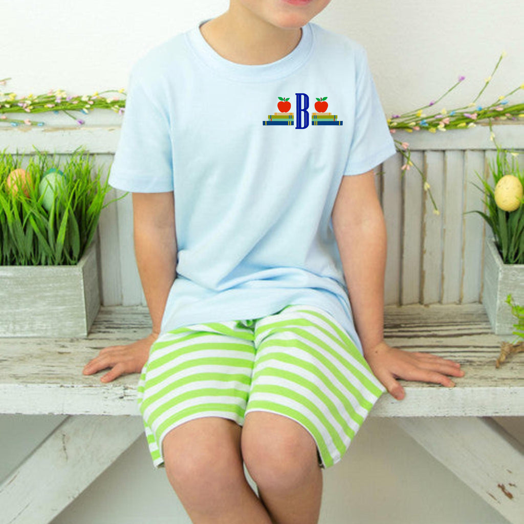 Boys Embroidered Book Stack Shirt, Personalized Initial Apple Tee, Cotton Back to School