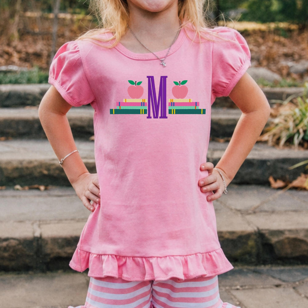 Girls Embroidered Apple Book Monogram Shirt, Personalized Back to School Outfit