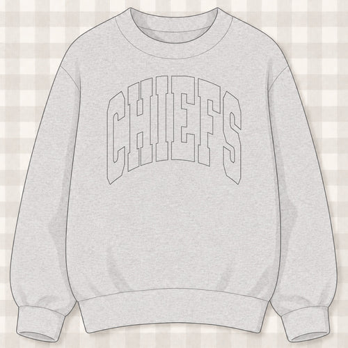 Ash gray crewneck sweatshirt with arched outline-embroidered CHIEFS varsity lettering